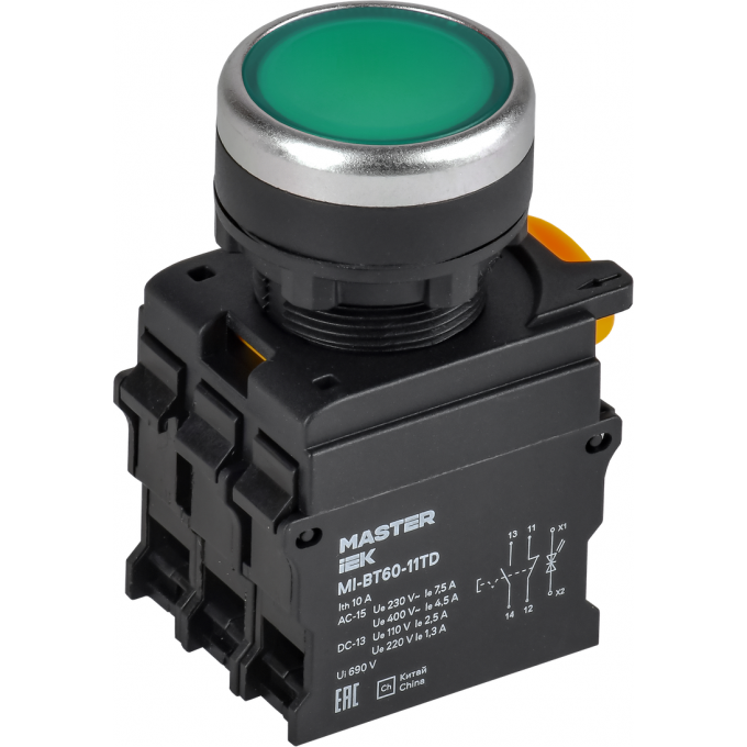 Кнопка с подсветкой и фиксацией IEK MASTER MI-BT60-11TD-3-11-K06 d=22мм 1NO+1NC зелёная MI-BT600-11TD-3-11-K06