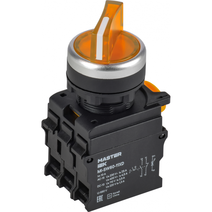 Переключатель с подсветкой на 2 положения IEK MASTER 1NO+1NC жёлтый MI-SW60-11XD-3-14-2-K05